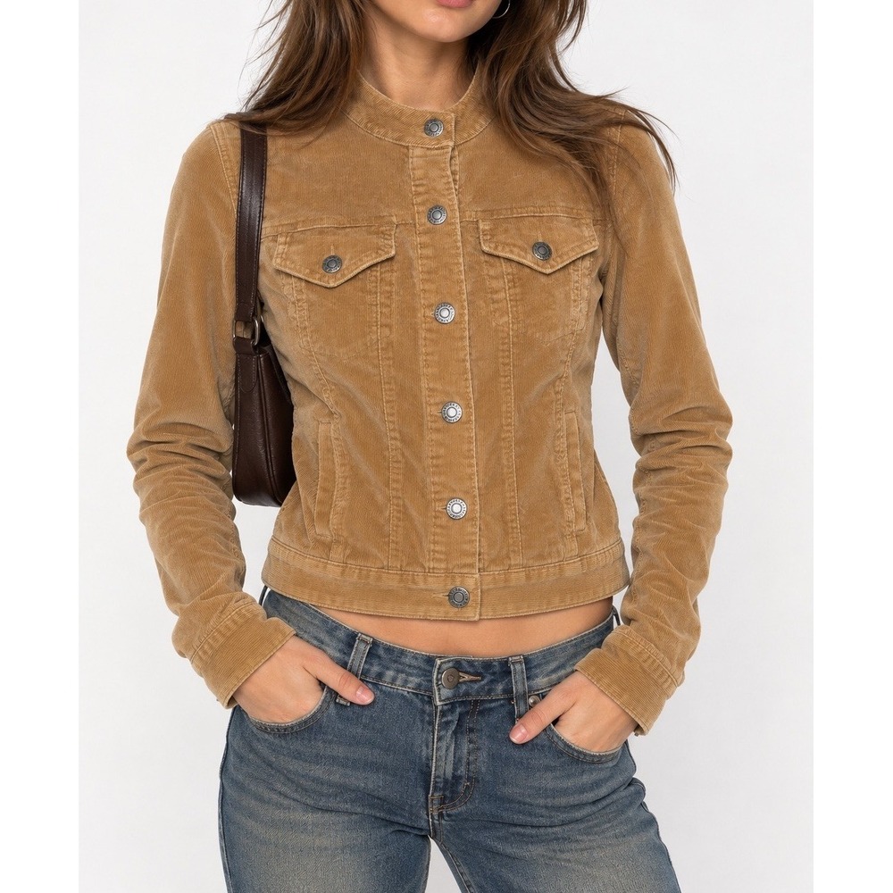 Forever 21 Womens Corduroy Fitted Trucker Jacket Size M Stretch Brown Y2K 2000s